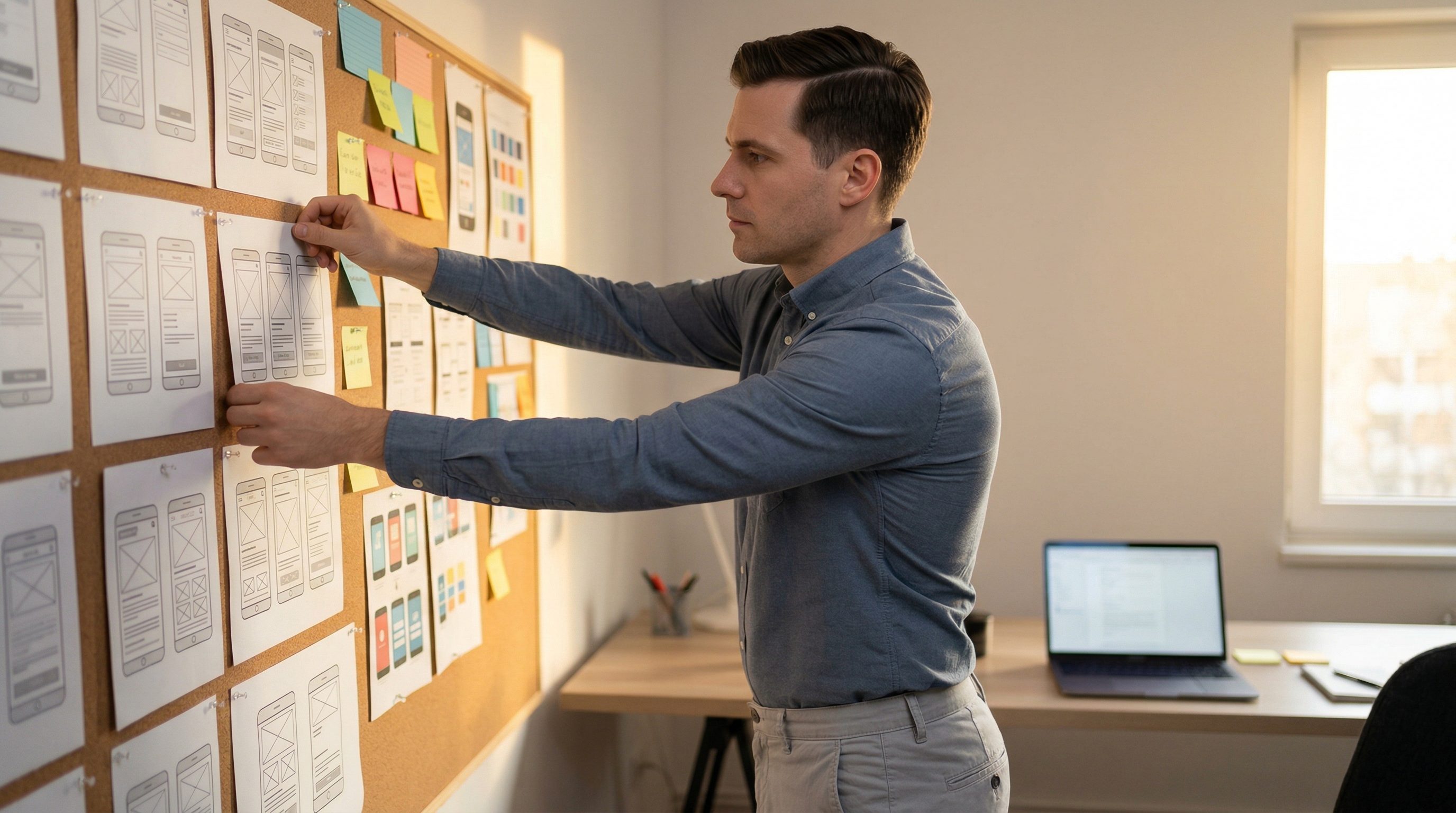 Developer hand pinning printed UX wireframe and app mockup screens to a planning board with pins.