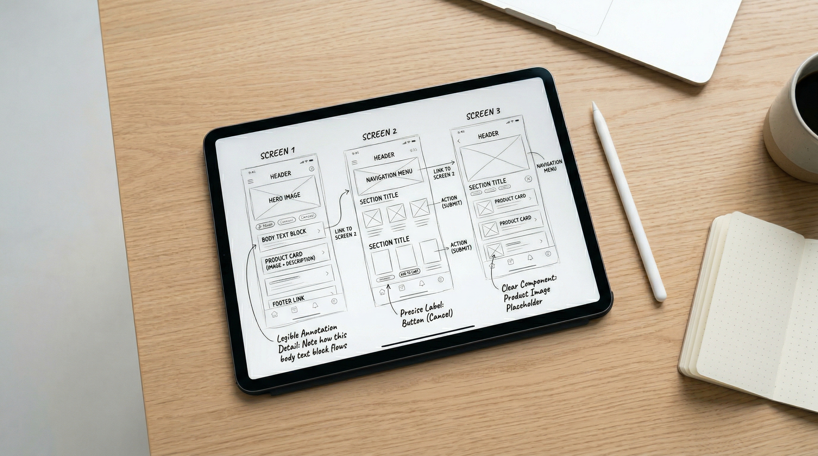 iPad Pro on a desk displaying detailed hand-sketched UI wireframe layouts with an Apple Pencil beside it.