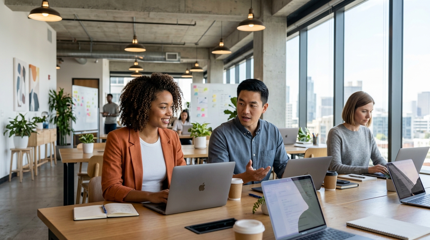 Two professionals reviewing written notes and planning documents next to open laptops on a wooden desk.